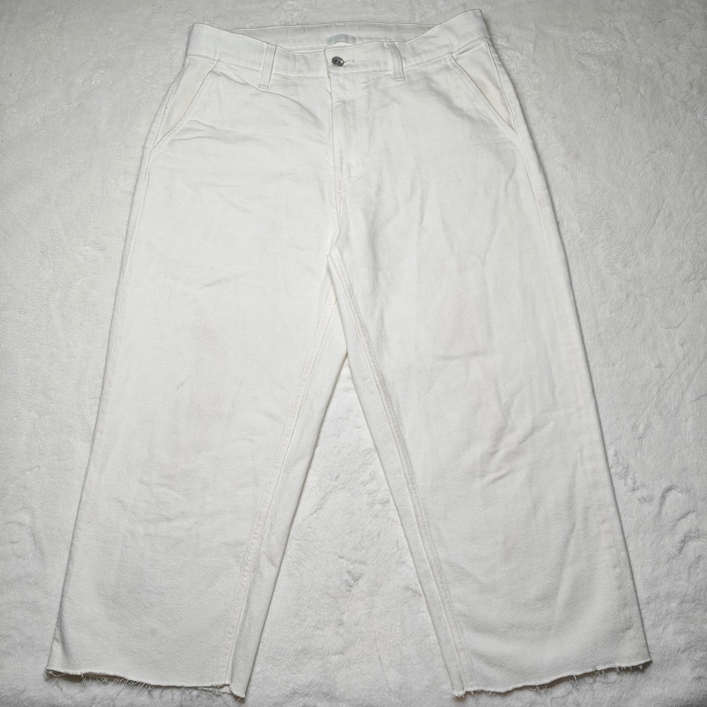 Uniqlo‎ Womens Denim Jeans White Cropped Raw Hem Cut Off Drawstring Waist Size M